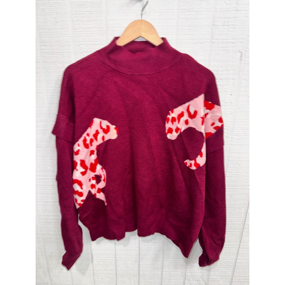 Crown & Ivy Sweater Womens XXL Burgundy Leopard Animal Print Mock Neck Pullover
